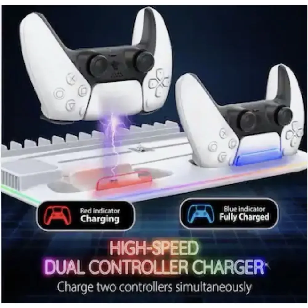 PS5/PS5 Slim/PS5 Pro Cooling Stand RGB Fan DualSense Charger Disc Storage